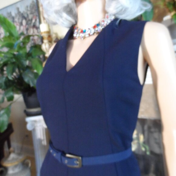 New Akris Navy Blue Wool-Blend V-Neck Sheath Dress Size US 10 - Picture 10 of 16